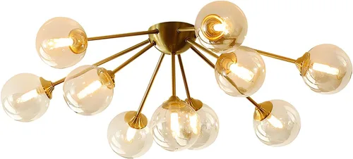 Vista 11 de KCO Iluminación Pequeña Lámpara de Techo de Vidrio Ámbar Burbuja Sputnik de Latón Dorado Montaje Semiempotrado para Cocina Recámara Pasillo
