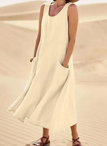 Vista 3 de Acelitt Vestido largo sin mangas con cuello redondo para mujer, holgado, con bolsillos, tallas S-XXL
