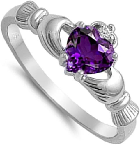 Vista 2 de Anillo de compromiso tradicional irlandés Claddagh, con diseño de corazón, de plata fina, color a elección.