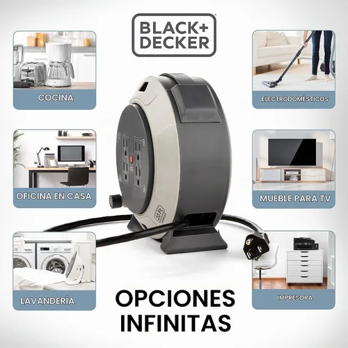 Vista 4 de BLACK+DECKER Carrete de Cable de Extensión Retráctil de 20 Pies con 4 Tomas, Extensión Multi-Enchufe, Botón de Reinicio del Disyuntor Térmico