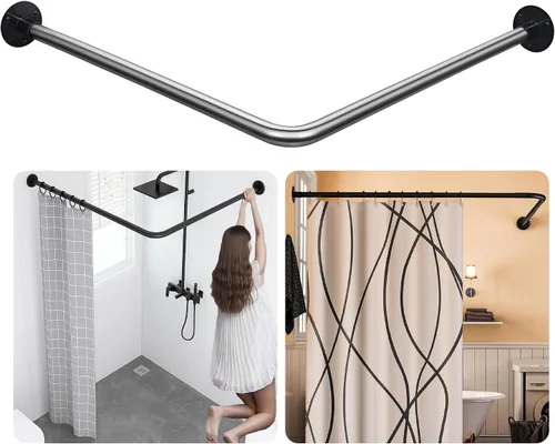 Vista 11 de Barra extensible de cortina de ducha en esquina de bañera en forma de L de acero inoxidable 304, instalación sin taladro, para baño, tienda de ropa