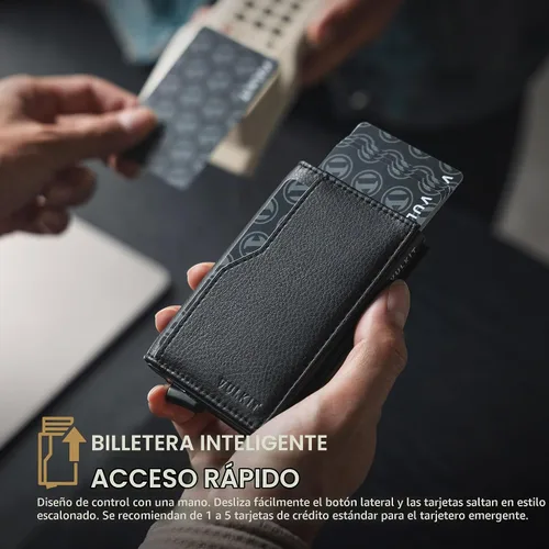 Vista 2 de Cartera con tarjetero VULKIT con bloqueo RFID, diseño minimalista, con ventanas dobles para identificación, cartera desplegable para 12 tarjetas