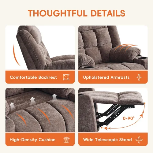 Vista 6 de Ketaiyou Silla reclinable giratoria eléctrica para adultos con masaje y calor, puertos USB y tipo C, posición infinita, sillón reclinable eléctrico