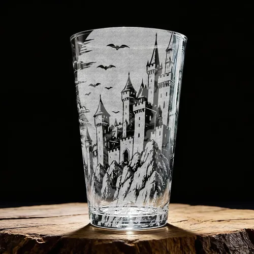 Vista 2 de Dracula's Castle - Vaso de cerveza grabado, 16 onzas, regalo de vaso de cerveza de vampiro