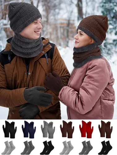 Vista 6 de Juego de 96 gorros de invierno a granel, bufanda, guantes y calcetines, gorro de punto con forro polar de invierno, gorro de punto holgado, gorro