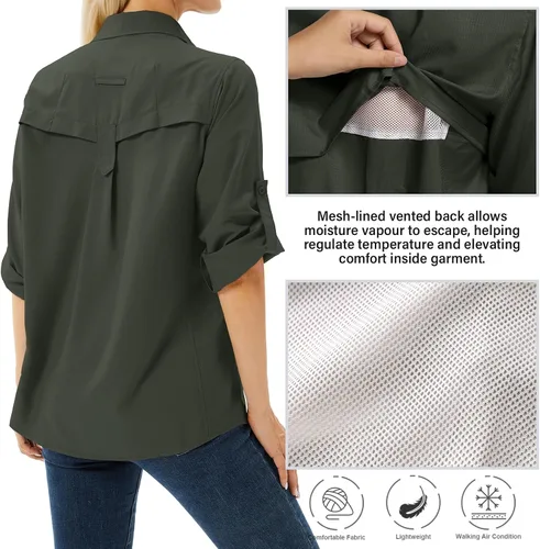 Vista 2 de Camiseta de Manga Larga para Mujer con Protección Solar UPF 50 para Safari, Pesca, Senderismo