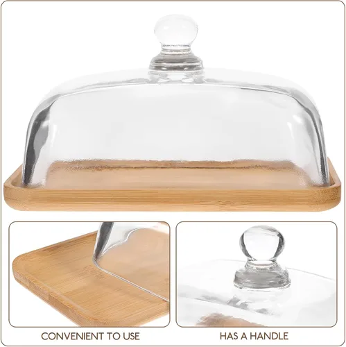 Vista 3 de Hemoton Plato de vidrio transparente para tartas con base de madera y cubierta de cúpula – 6.69 x 4.52 x 3.50 pulgadas, bandeja de postre