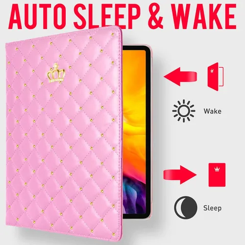 Vista 2 de Crown - Funda para iPad Air/iPad Pro de 11 pulgadas, piel sintética de diamante con apagado automático y encendido (rosa)