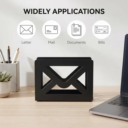 Vista 4 de MyGift Soporte de correo de escritorio de metal negro con diseño de sobre recortado para el hogar y la oficina organizador de cartas