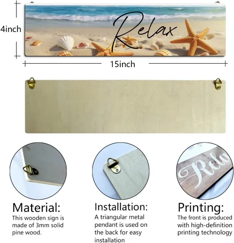 Vista 2 de Decoración de playa, 4 placas colgantes de pared, letreros de madera rústica, decoración de pared para el hogar y el baño, tema de estrella de mar