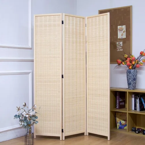 Vista 5 de Divisor de habitación de bambú de 3 paneles para el hogar y la oficina, pared de división plegable de 5.6 pies de alto en beige natural, pantalla