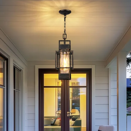 Vista 2 de Lámpara colgante de 15 pulgadas para interiores y exteriores, moderna lámpara de araña de metal negro para exteriores, lámpara de techo con vidrio