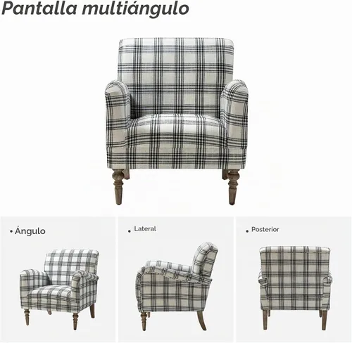Vista 3 de HULALA HOME Silla decorativa moderna con brazos y patas de madera, cómodo sillón tapizado para dormitorio, sala de estar (patrón a cuadros, negro)