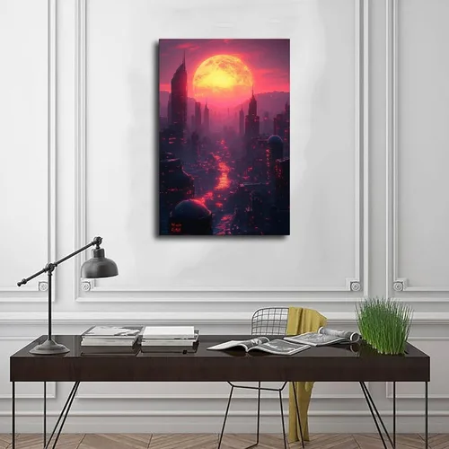 Vista 3 de Retro Futuristic City Poster – Neon Skyline Wall Art for Sci-Fi And Synthwave Decor Poster Print for Teen Boys Room Wall Art Canvas Painting Print