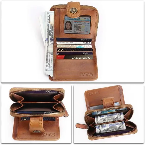 Vista 7 de Billeteras de cuero plegables para mujer, estilo vintage, hechas a mano, pequeño, con cremallera, Marrón, Billetera plegable