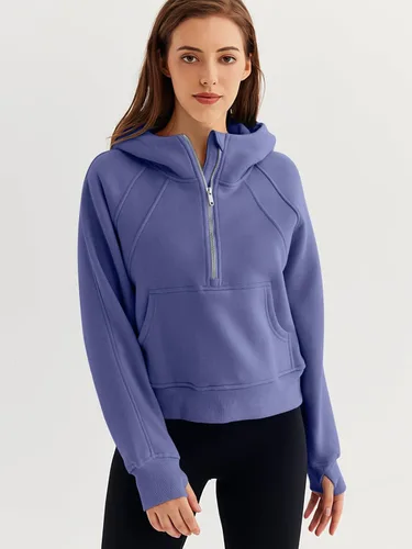 Vista 2 de WYNNQUE Sudadera corta con capucha para mujer, manga larga, forro polar, media cremallera, ropa de otoño