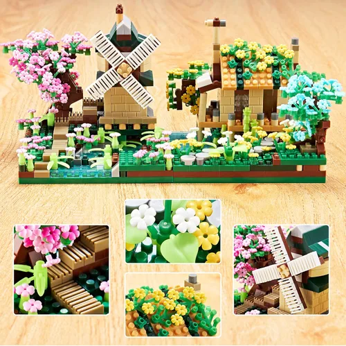 Vista 3 de Kadablk Conjunto de Construcción de Microbloques de Casa del Árbol Sakura, Conjunto de Construcción de Modelo de Molino de Viento de Amistad, 1200