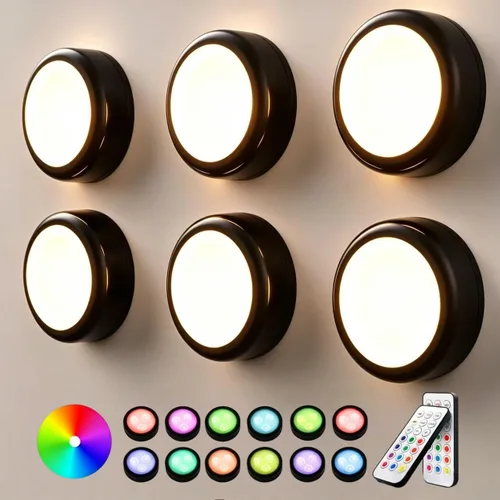 Vista 12 de Luces de empuje con control remoto, 6 piezas de luces LED de disco de hockey alimentadas por batería, iluminación inalámbrica debajo del gabinete
