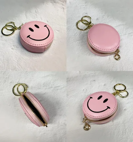 Vista 4 de HOLAWIT Monedero con cremallera y diseño de cara feliz, con diseño de sonrisa positiva, con llavero de piel sintética suave, Rosado, Monedero