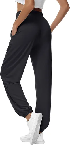 Vista 3 de Riyiper 2 piezas de pantalones deportivos para mujer, de cintura alta, pantalones deportivos holgados de moda con bolsillos, Verde militar, gris