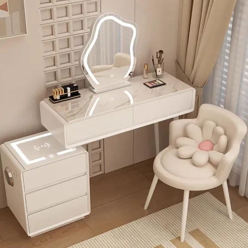 Vista 27 de Tocador con espejo con luces, mesa de tocador con cajones, mesa de maquillaje blanca, 3 modos de iluminación de brillo ajustable, para dormitorio