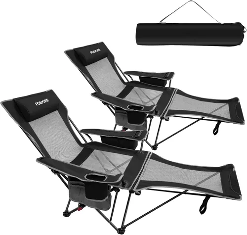 Vista 12 de Paquete de 2 sillas reclinables de camping de 4 posiciones con reposapiés, cómoda para adultos, silla de playa plegable de malla de 265 libras