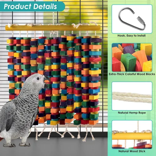 Vista 4 de DBNESS Juguete de pájaro extra grande de 23 pulgadas, 336 piezas de bloques de madera naturales coloridos para masticar, juguetes colgantes