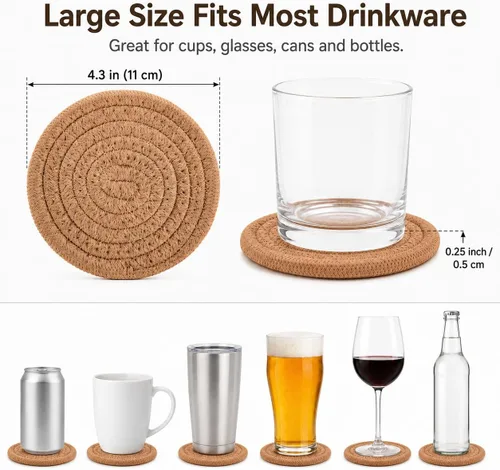 Vista 2 de ABenkle Juego de 6 posavasos tejidos para bebidas, posavasos absorbentes bohemios, 4.3 pulgadas, regalo perfecto para inauguración de la casa, Marrón