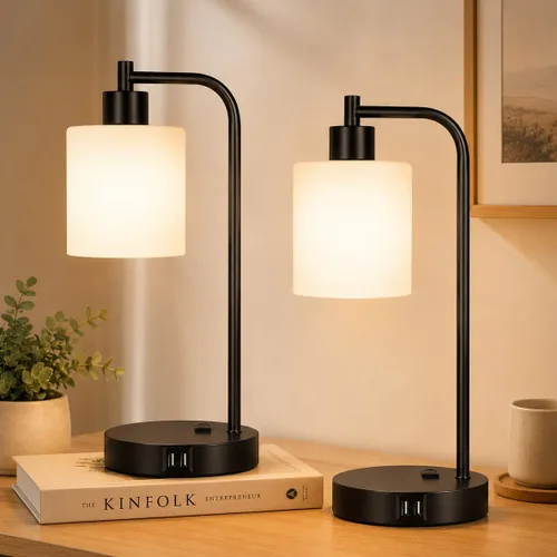 Vista 13 de Juego de 2 lámparas de mesa con control táctil industrial - Lámparas de mesita de noche en níquel cepillado con 2 puertos USB y enchufe de CA
