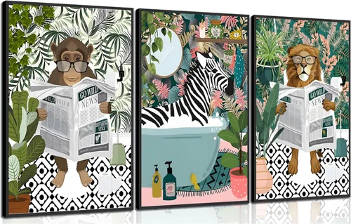 Vista 20 de 3 piezas de lienzo de animales de la selva para baño, arte de pared de cebra en la bañera, imágenes de mono león en el inodoro, lectura