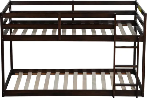 Vista 8 de Harper & Bright Designs Literas bajas, tamaño individual sobre individual, marco de litera de madera con escalera de barandilla de seguridad