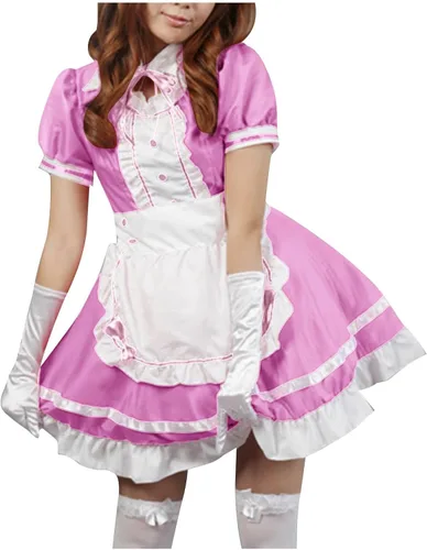 Vista 2 de Anime japonés clásico Sissy Maid Sweet Kawaii Lolita disfraz de disfraz de cosplay delantal de encaje guantes conjunto rosa