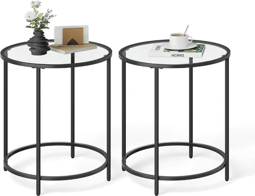 Vista 11 de VASAGLE - Mesa auxiliar redonda, mesa de centro de vidrio con marco de metal, mesa de café de estilo moderno, color negro, para sala de estar