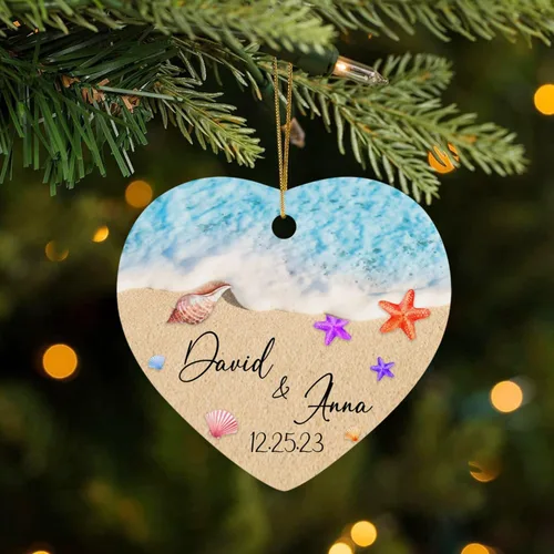 Vista 4 de Just Married - Regalo de recuerdo para recién casados, adorno de boda personalizado en la playa con nombres y fecha