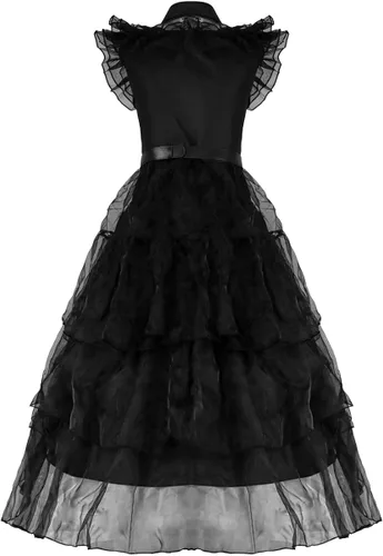 Vista 6 de Poboola Wednesday Addams - Disfraz de vestido para niñas con peluca para niños, vestido de fiesta de patinador acampanado para miércoles, cosplay
