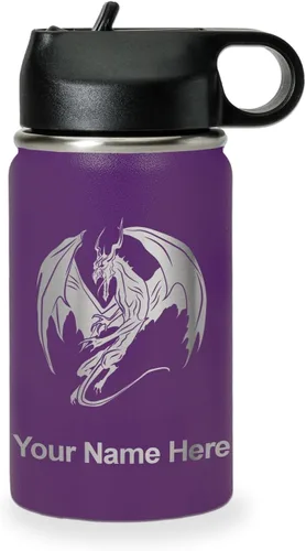 Vista 36 de LaserGram Botella de agua con tapa abatible de doble pared de 12 onzas con pajilla, dragón, grabado personalizado incluido (negro)