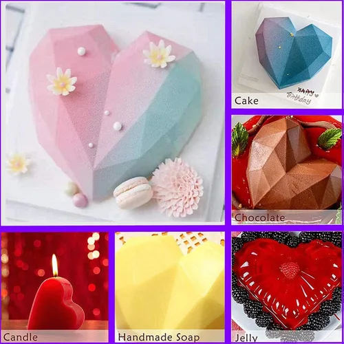 Vista 6 de Paquete de 2 moldes de chocolate con forma de corazón de diamante – Molde de pastel de mousse de corazón 3D de 15 agujeros – Mini molde de silicona