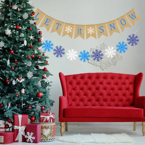 Vista 6 de Doumeny Cartel de arpillera con texto en inglés "Let It Snow", guirnalda de copos de nieve de invierno, banderines de Navidad con texto en inglés