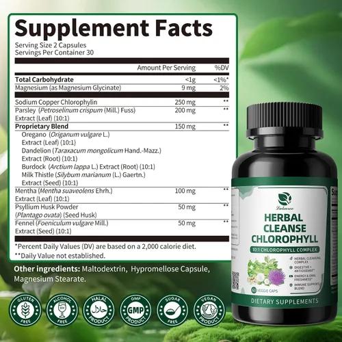 Vista 6 de Lukaree Cápsulas de Complejo Herbal de Clorofila, 60 Cápsulas Veganas de Clorofila para Desintoxicación, Digestión, Salud Intestinal y de la Piel