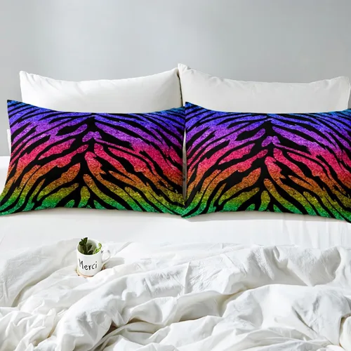 Vista 4 de Manfei Juego de sábanas con estampado de cebra, tamaño individual, con estampado de animales y arcoíris, para decoración de habitación de niños