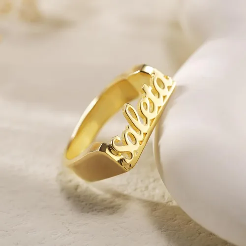 Vista 2 de Xianofu Anillos con nombre personalizados para mujer, chapados en oro de 18 quilates, hechos a mano, anillos gruesos con inicial, anillos