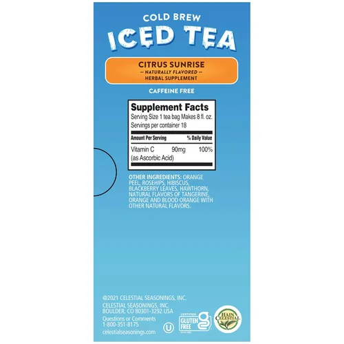 Vista 2 de Celestial Seasonings Té helado Cold Brew, Citrus Sunrise, sin cafeína, 18 bolsas de té (paquete de 6)