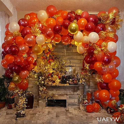 Vista 5 de Kit de arco de guirnalda de globos de Acción de Gracias de otoño, 138 unidades, globos de color naranja, rubor, borgoña, oro rosa, globos con hojas