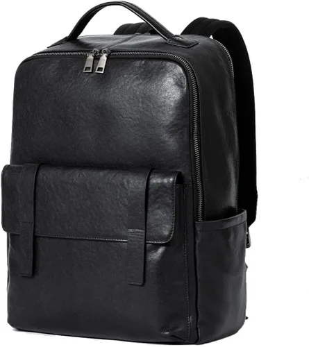 Vista 10 de Mochila para portátil de cuero genuino de 15.6 pulgadas para hombres y mujeres, mochila de viaje de negocios, mochila de senderismo (1#negro)