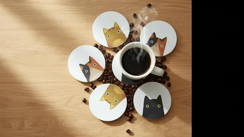 Vista 11 de Juego de 6 posavasos redondos absorbentes de piedra de cerámica lindos para bebidas de gato para tazas y tazas, mesa de café, escritorio de oficina