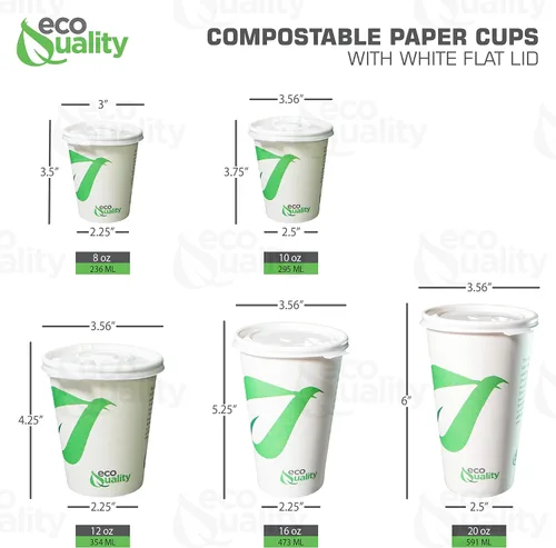 Vista 5 de EcoQuality Vasos de papel compostables de 16 onzas con tapas planas blancas – Tazas de café de papel blanco biodegradables desechables con forro