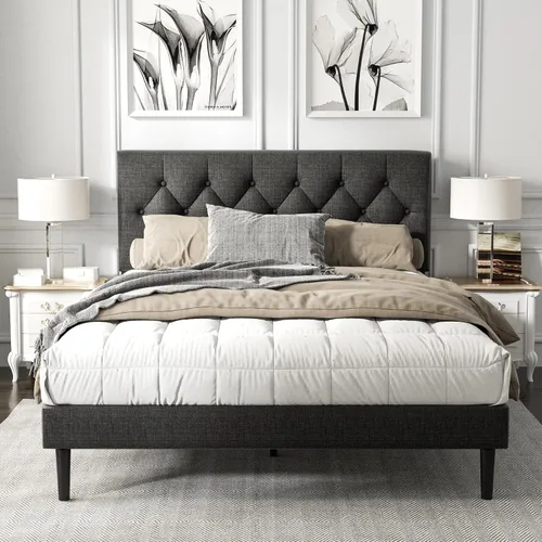 Vista 7 de HAOARA Armazón de Cama de Plataforma Tamaño Completo con Cabecera Tapizada con Botones Capitoné, Base de Colchón con Soporte de Listones de Madera