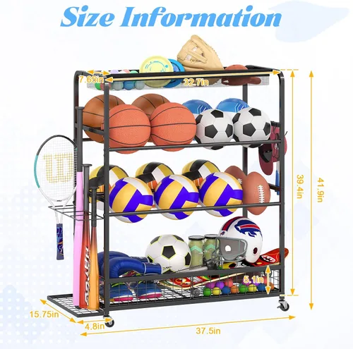 Vista 7 de Jsskeeim Estante de almacenamiento de equipos deportivos de garaje, cubo de almacenamiento de pelotas deportivas con ruedas, organizador de equipos