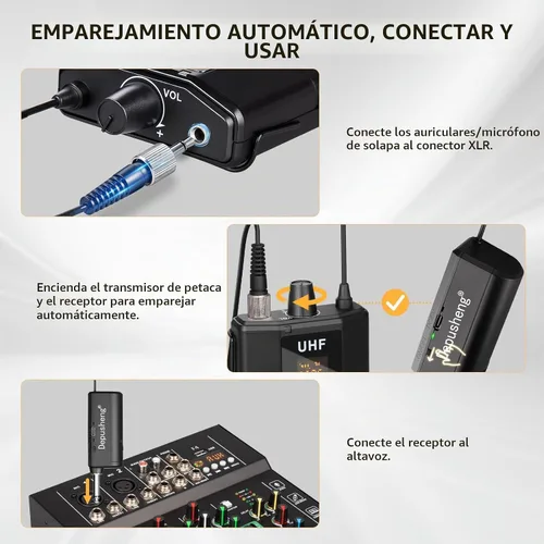 Vista 3 de Depusheng Sistema de auriculares inalámbricos UHF - Sistema de micrófono inalámbrico con micrófonos de solapa Lavalier, rango de 200 pies, enchufe