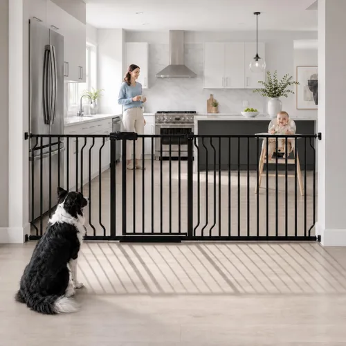 Vista 11 de Puertas de bebé extra anchas para puertas 52.76"-62.20" Puerta de bebé extra ancha Puerta para perros Montada a presión Sin perforación con paso